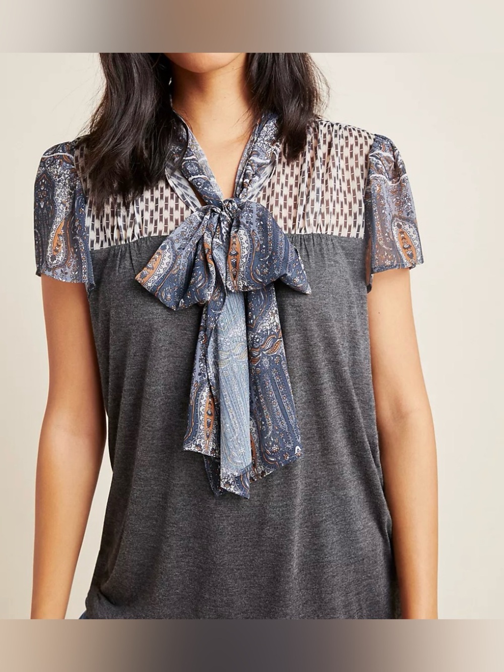 Tiny by Anthropologie Charcoal Gray & Blue Printed Tie Neck Blouse - Size M